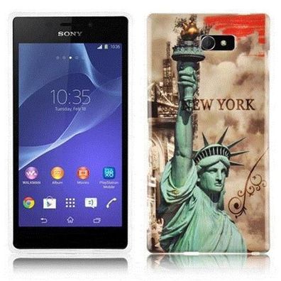 Cadorabo Hülle kompatibel mit Sony Xperia M2 / M2 AQUA mit NEW YORK - Freiheitssta...