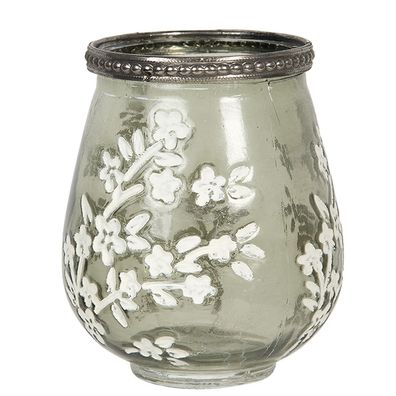 Clayre & Eef Teelichthalter Ø 9x11 cm Grün Weiß Glas Metall Blumen (Gr. Ø 9x11 cm)