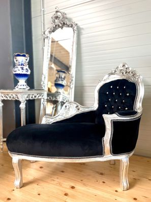 Barock Möbel Small Chaise Longue in Silver Finish Black Velvet Retro Baroque Style