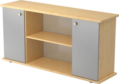 bümö Sideboard Ahorn/ Silber mit Flügeltüren & Regal - Büromöbel Sideboard Holz 166cm