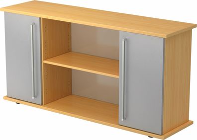 bümö Sideboard Buche/ Silber mit Flügeltüren & Regal - Büromöbel Sideboard Holz 166cm