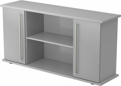 bümö Sideboard Grau/ Silber mit Flügeltüren & Regal - Büromöbel Sideboard Holz 166cm