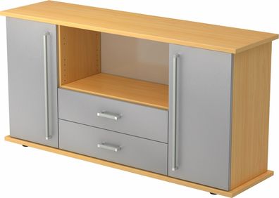 bümö Sideboard Buche/ Silber mit Flügeltüren & Regal - Büromöbel Sideboard mit Schubl