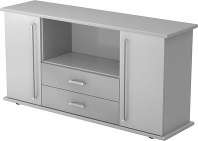 bümö Sideboard grau mit Flügeltüren & Regal - Büromöbel Sideboard mit Schubladen Hol