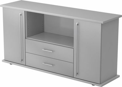 bümö Sideboard Grau/ Silber mit Flügeltüren & Regal - Büromöbel Sideboard mit Schubla