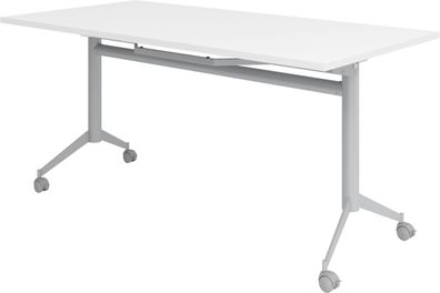 bümö Klapptisch weiß 160 x 80 cm klappbar & fahrbar, klappbarer Schreibtisch auf Roll
