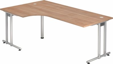 bümö Eckschreibtisch groß, N-Serie 200x120 cm, Tischplatte aus Holz in Nussbaum, Gest