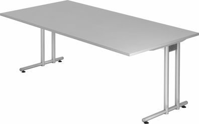 bümö Schreibtisch groß, N-Serie 200x100 cm, Tischplatte aus Holz in grau, Gestell aus