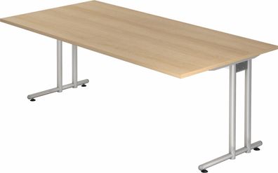 bümö Schreibtisch groß, N-Serie 200x100 cm, Tischplatte aus Holz in Eiche, Gestell au