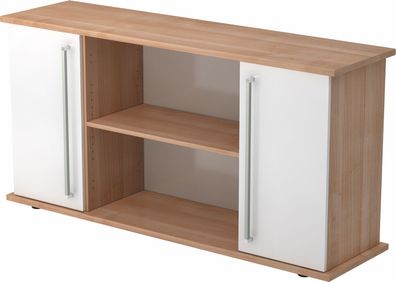 bümö Sideboard Nussbaum/ Weiß mit Flügeltüren & Regal - Büromöbel Sideboard Holz 166c
