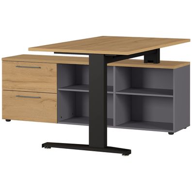 bümö Schreibtisch 140x80 cm mit integriertem Sideboard in Eiche-Graphit, Eckschreibti