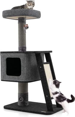 Katzenbaum 108 cm hoch, Katzenmöbel mit Katzenhöhle & Kratzrampe, Kletterbaum, Grau