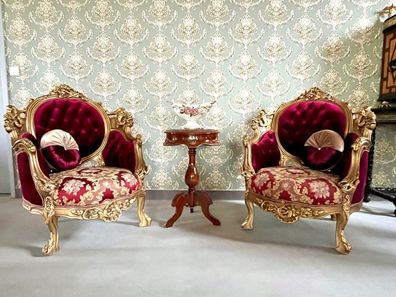 Barock Möbel 2 Armchairs Set Retro Italian Baroque Style Bordeaux Color Gold Finish