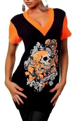 Sexy Miss Damen Long V Pulli Strick Pullover Skull 34/36/38 schwarz neon orange