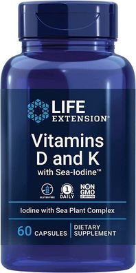 Life Extension, Vitamin D3 und K2 mit Meeresjod, 60 Kapseln