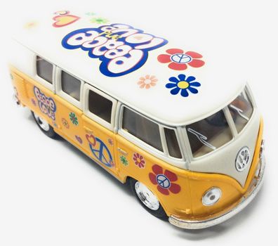 Modellauto VW T1 Bus Peace and Love 1962 gelb / beige Rückziehmotor