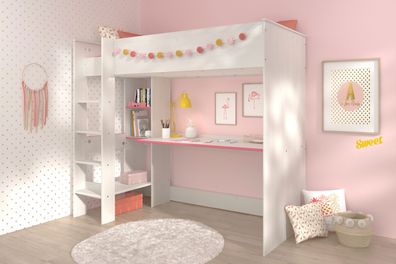 Parisot Smoozy 3b-Kinderbett Hochbett Etagenbett in Weiß u. Pink 90x200