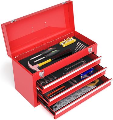 Werkzeugkiste Metall, Werkzeugkasten mit 3 Schubladen & oberem Fach, Werkzeugbox
