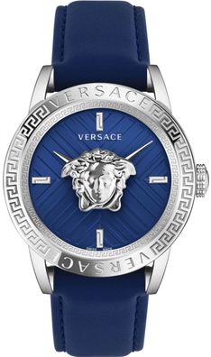 Versace VESN00122 V-Code Palazzo silber blau Leder Armband Uhr Herren NEU