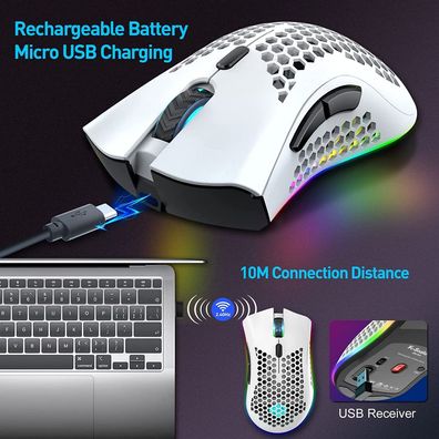 Kabellose leichte Gaming-Maus, ultraleichte Wabenm?use mit RGB-Hintergrundbeleuc