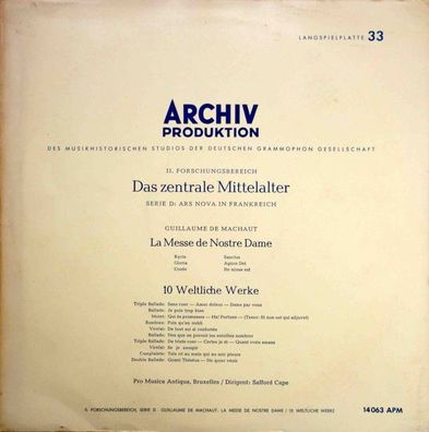 Archiv Produktion 14063 APM - La Messe De Notre Dame / 10 Weltliche Werke