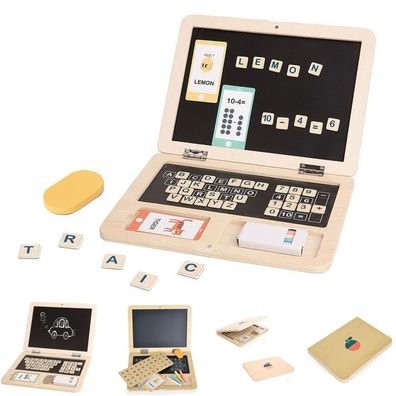 Tooky Toy Kinderspielzeug Holz-Laptop TH819, Magnet-Buchstaben, bunte Kreide