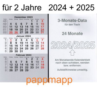 VELA steel Kalenderblätter 2024 + 2025 für 3 Monats Tischkalender Ersatzeinlage