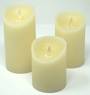 3x LED echtwachs Kerzen weiß / elfenbein flammenlos Fernbedienung Stumpenkerze ...