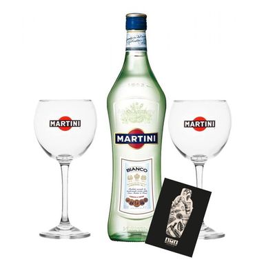 Martini Bianco 1,0 L (14,4% Vol) + 2x Martini Ballon Gläser Glas Bar Longdrink-