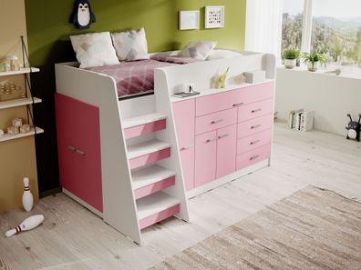FURNIX Kinderbett Inez 80x190 set Etagenbett mit Schränken ohne Matratze rosa