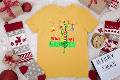 Damen T-Shirt Drink up grinches, christmas lights, drinking wine, Grinch Weihnachten