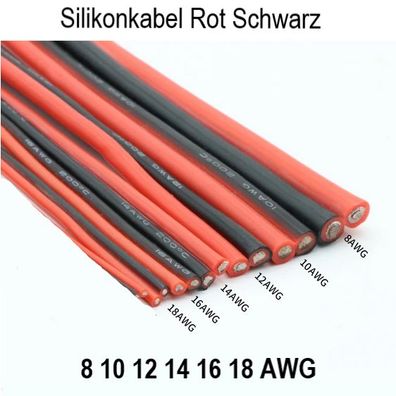 Silikonkabel flexibel Schwarz Rot 8 10 12 14 16 18 AWG Kupferkabel RC Auto