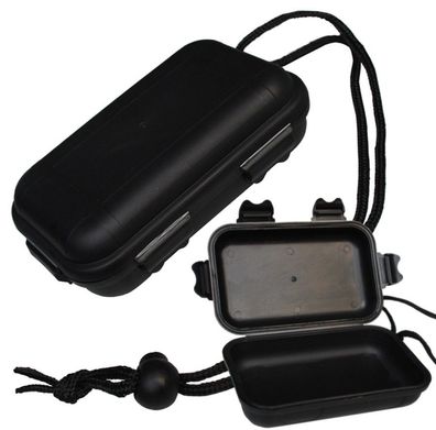 MFH kleine Kunststoffdose schwarz, Outdoor Survival Box, Trageband mit Kordelstopper 