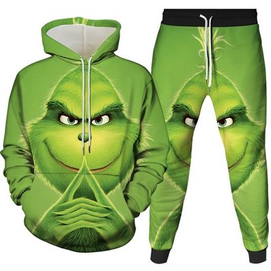 2er set Grinch Hoodie Jogginghose Set Grün Monster Pullover Herren Sweatshirt Anzug