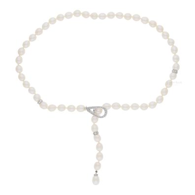 Perlen Y-Halskette 925er Sterling Silber mit Süßwasser Zuchtperlen, getragen