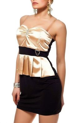 SeXy Miss Damen Schößchen Peplum Mini Kleid Brosche 34/36/38 satin gold schwarz