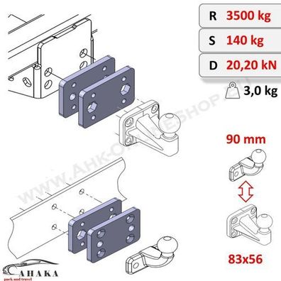 Adapterplatte für Anhängerbock 90mm auf 83x56mm Iveco Daily 1978-1999