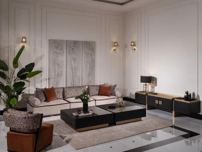 Großes Garnitur Wohnzimmer Stoffsofa Sessel Grau Set 5tlg Couch Tische