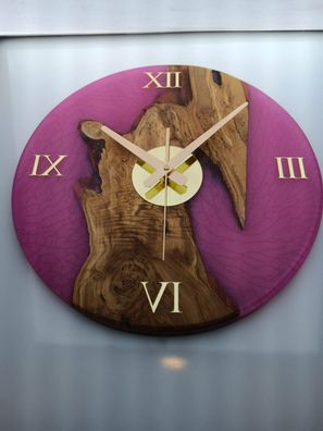 NEU edle handgefertigte Holz Epoxidharz Uhr Wanduhr PINK für Büro Haus Wohnung Deko