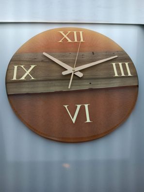 NEU edle handgefertigte Holz Epoxidharz Uhr Wanduhr ORANGE für Büro Haus Wohnung Deko