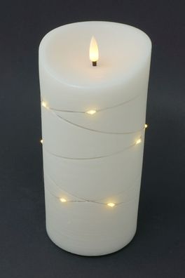LED Deko Kerze mit Lichterkette creme Ø 10 cm H: 20 cm mit Timer Outdoor Indoor