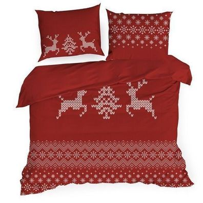 Bettwäsche Kissenbezug Bettbezug 2-tlg 140x200 cm Weihnachten Rentier rot Baumwolle