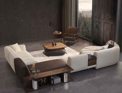 Wohnzimmer Garnitur Ecksofa U-Form Neu Sessel Luxus Holz Couchtisch Hocker