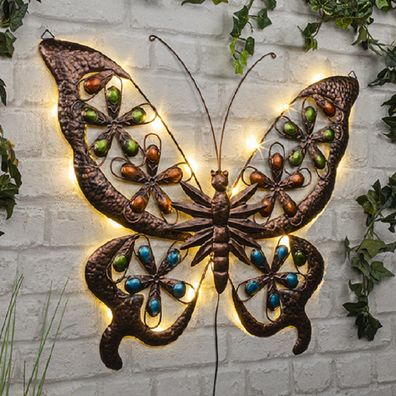 Solar Schmetterling mit warmweißen LEDs, Wandbild aus Metall, Wanddeko