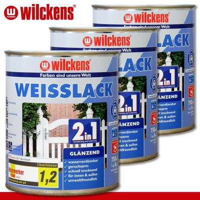 Wilckens 3 x 750 ml Weisslack 2in1 glänzend Holzlack Lasur Pflege Hütte Balken