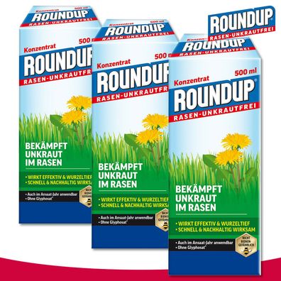 Roundup Rasen-Unkrautfrei 3 x 500 ml Konzentrat Hornklee Wegerich Gänseblümchen