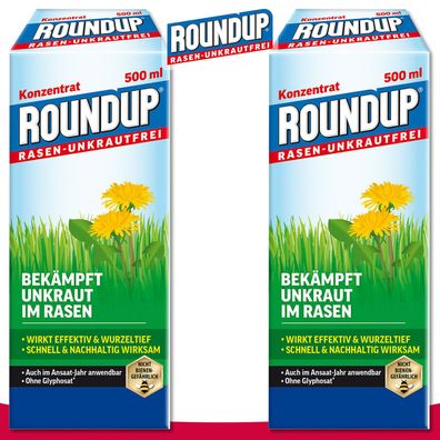 Roundup Rasen-Unkrautfrei 2 x 500 ml Konzentrat Wegerich Brennnessel Weißklee