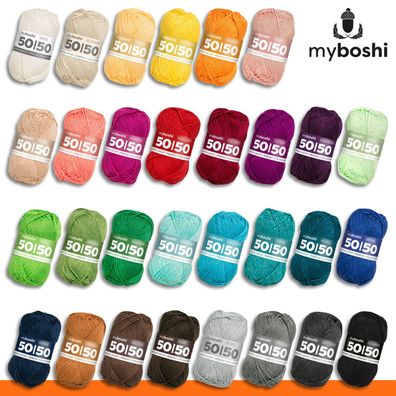 MyBoshi 3 x 50 g 50|50 Garn Baumwolle + Merino Ganzjahreswolle 30 Farben