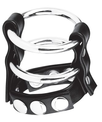 BLUE LINE C&amp; B GEAR Double Metal Cock Ring With Adjust. Snap Ball Strap