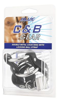 BLUE LINE C&amp; B GEAR Double Metal Cock Ring With Locking Ball Strap